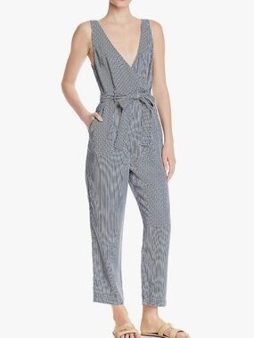 French Connection Striped V-Neck Sleeveless Jumpsuit with Tie Waist